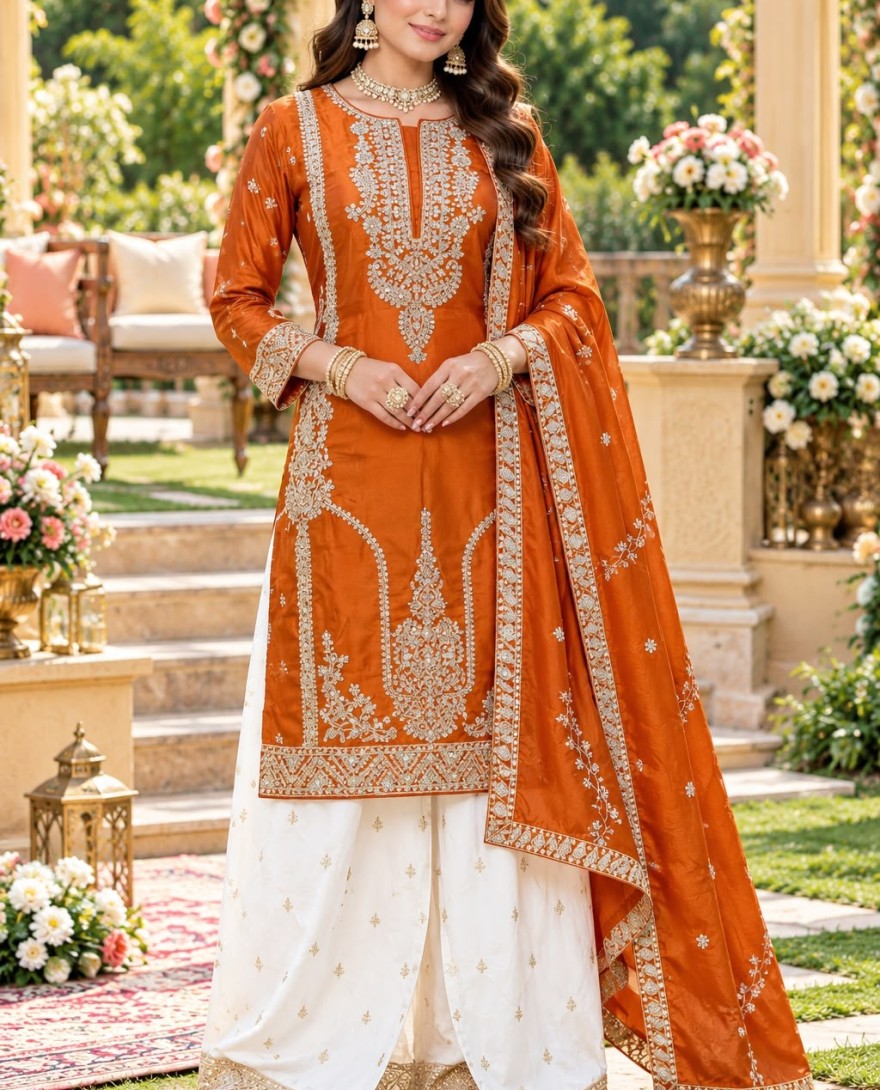 2205 - Orange Chinon Readymade Salwar Suit with Embroidered Work